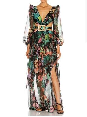 PatBO Oasis Long-Sleeve Cutout Dress with Multicolor Tropical Print